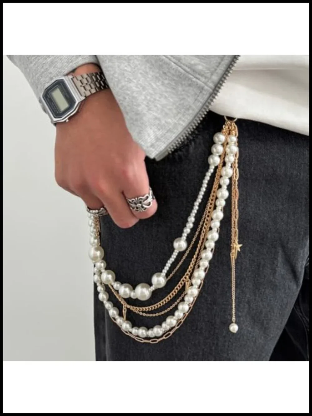 Unique Mixed-Media Pearl Rhinestone Star Charm Layered Pants Chain Belt